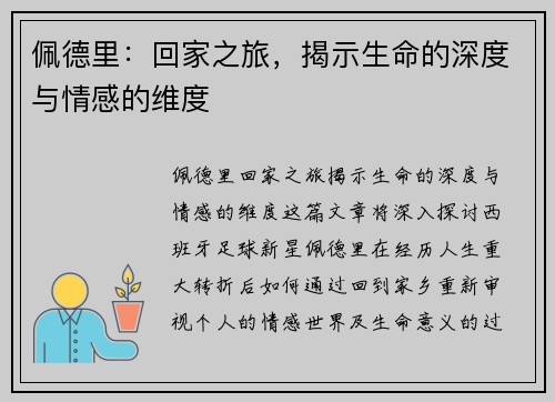 佩德里：回家之旅，揭示生命的深度与情感的维度